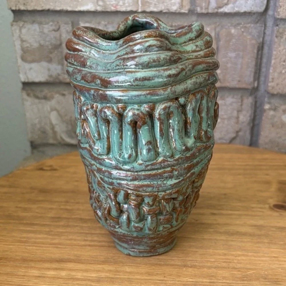 Freeform Coil Pottery Vase Ceramic Artist Handmade Vessel Modern Sea Green‎ 7in